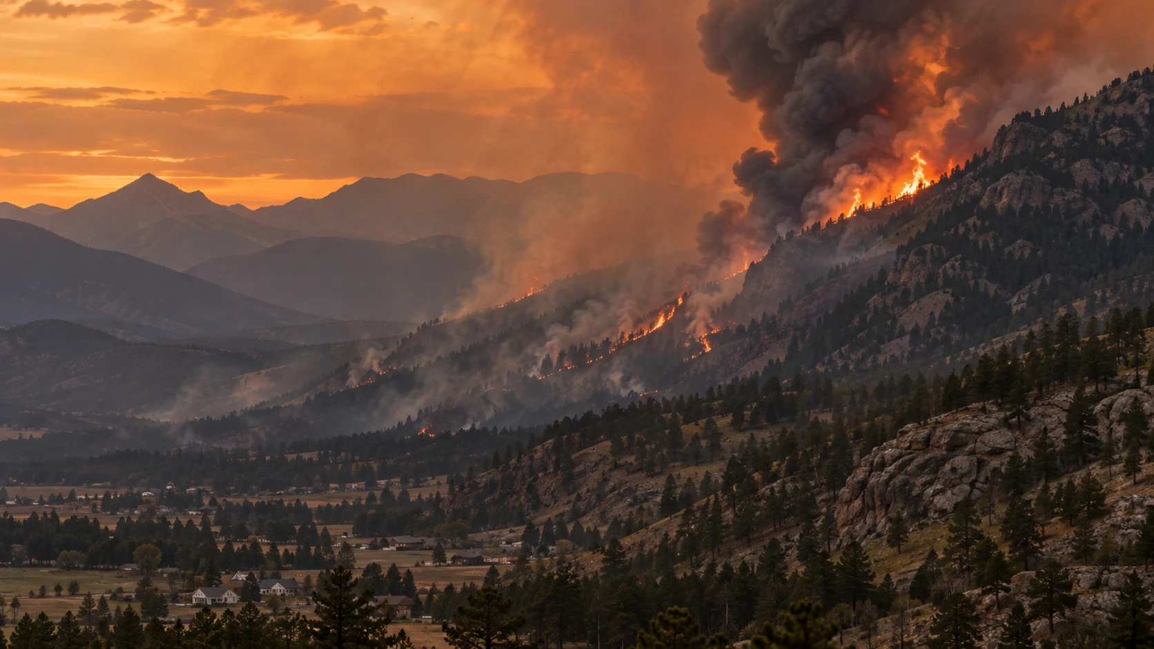 Wildfire smoke and flames burning across a mountainside in southern Colorado near Pueblo