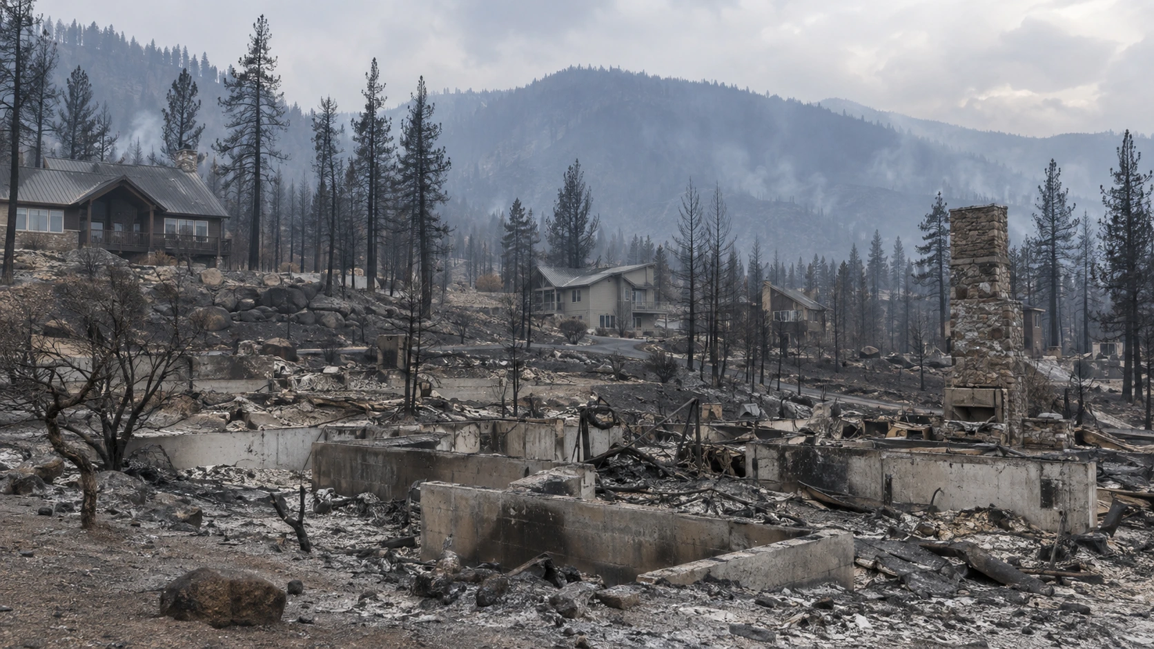 Burned neighborhood with destroyed homes after a wildfire swept through a small Colorado mountain community