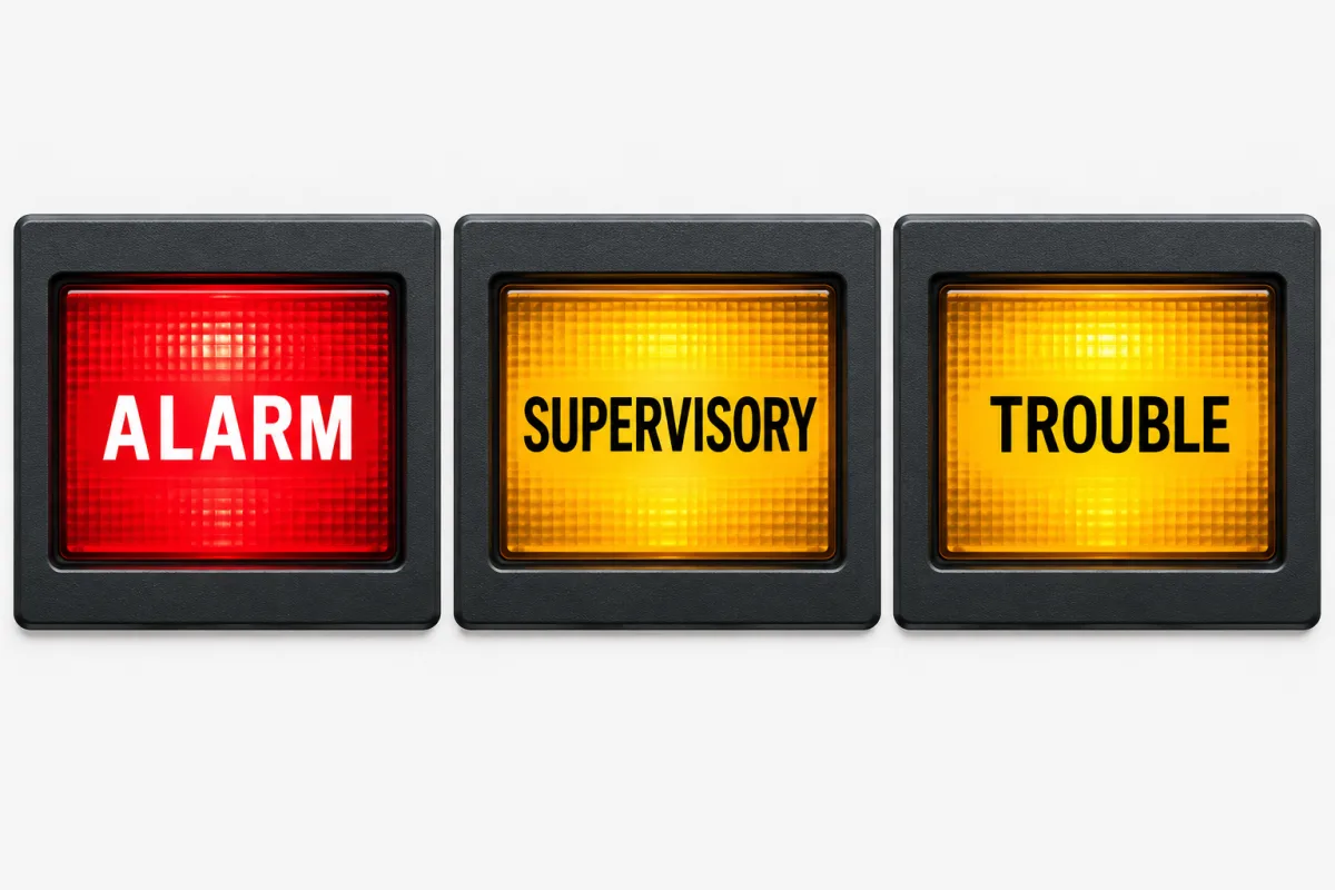 Three illustrated status displays labeled Alarm, Supervisory and Trouble