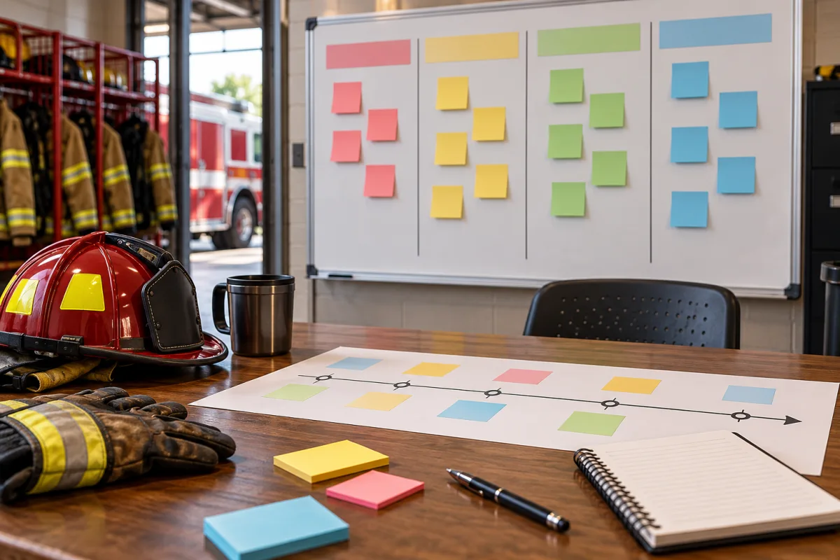 Illustrated review workspace with a planning board, timeline and blank action-tracking columns