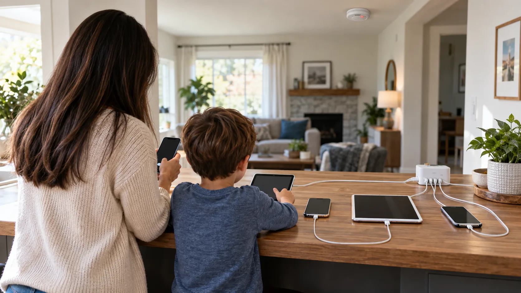 Family safely charging phones and tablets on a hard surface at home