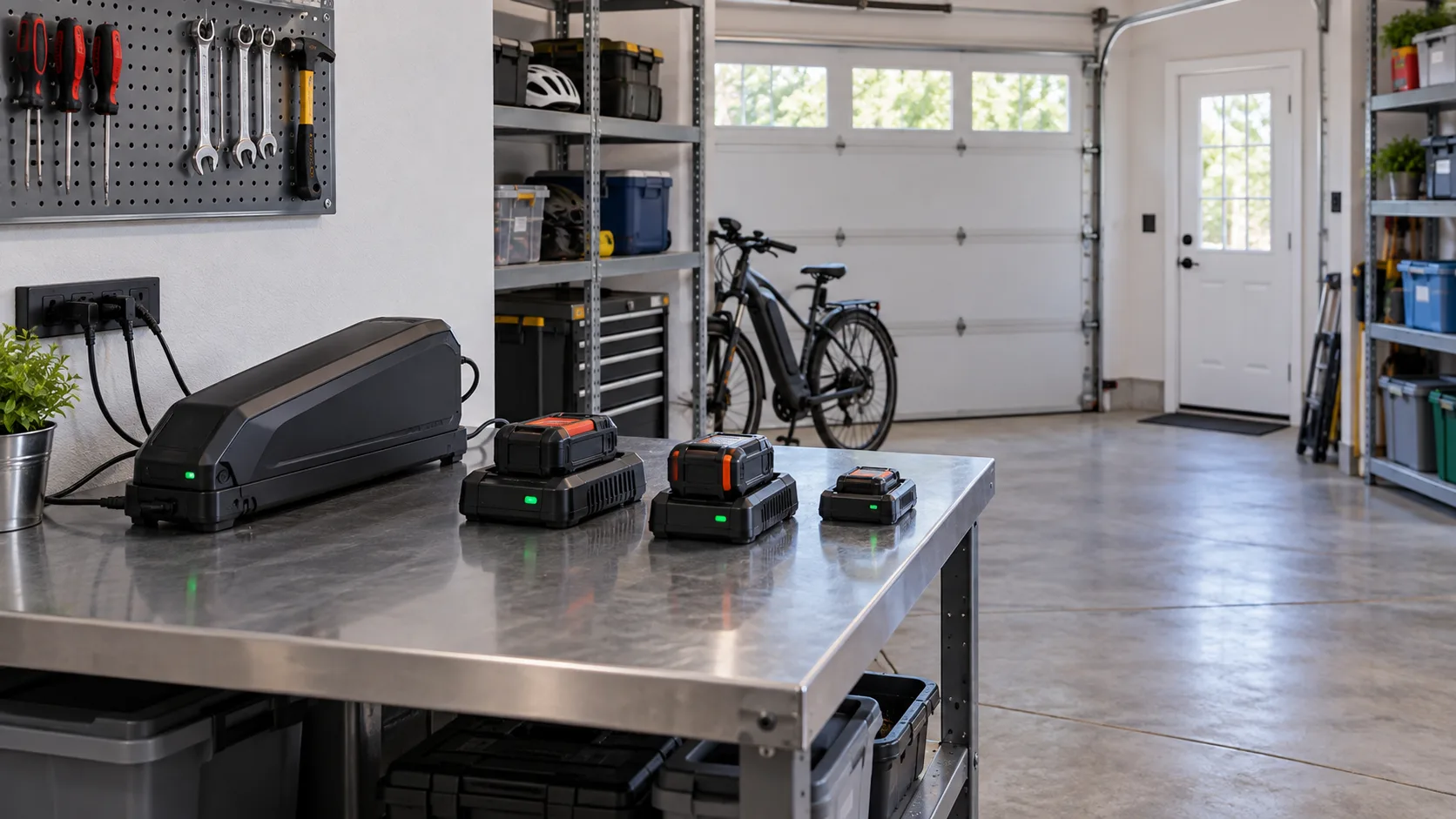 Safe outdoor charging setup for an e-bike and battery-powered tools away from doors