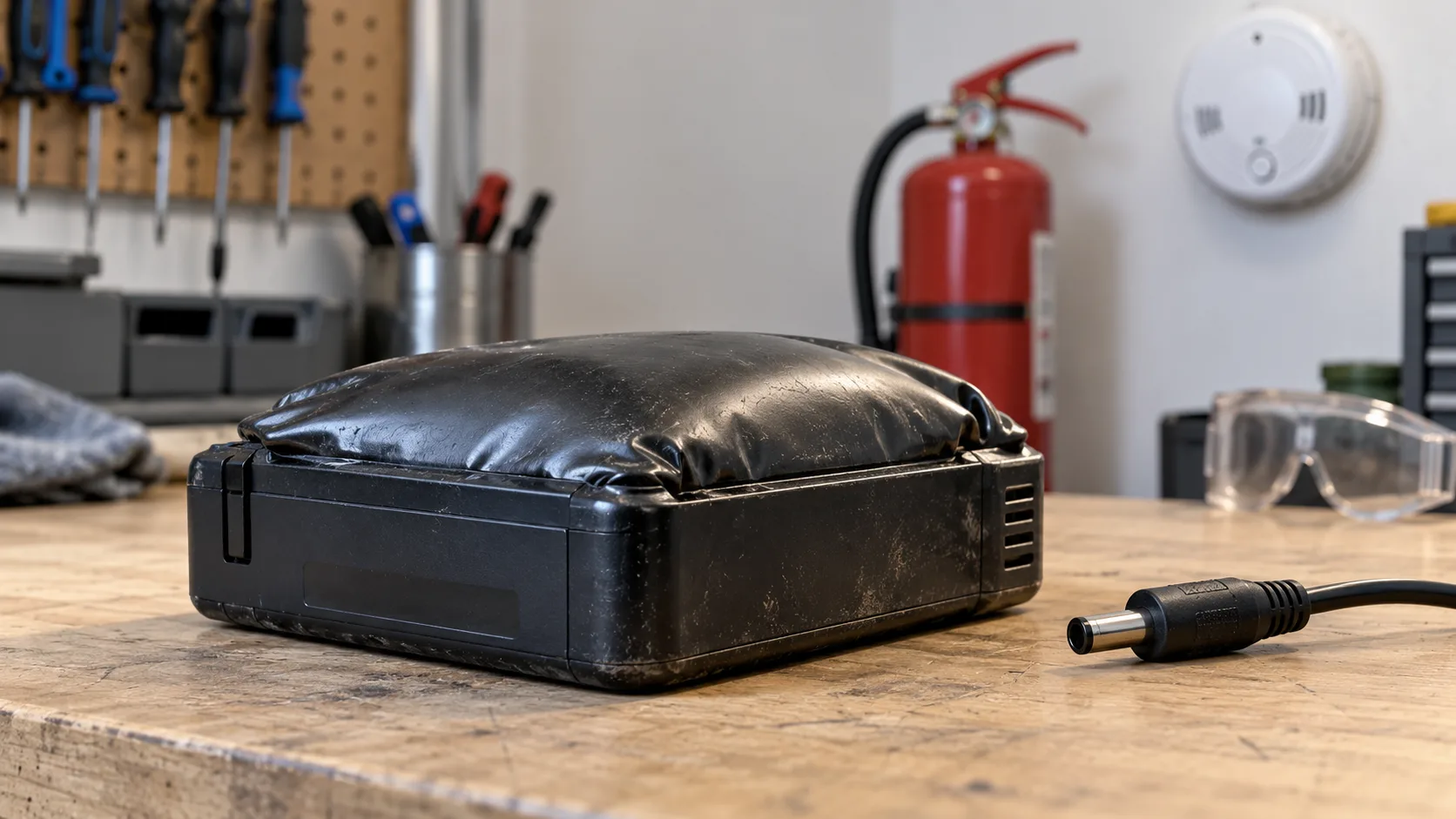 Close-up concept image showing a swollen overheating battery next to a charger on a desk
