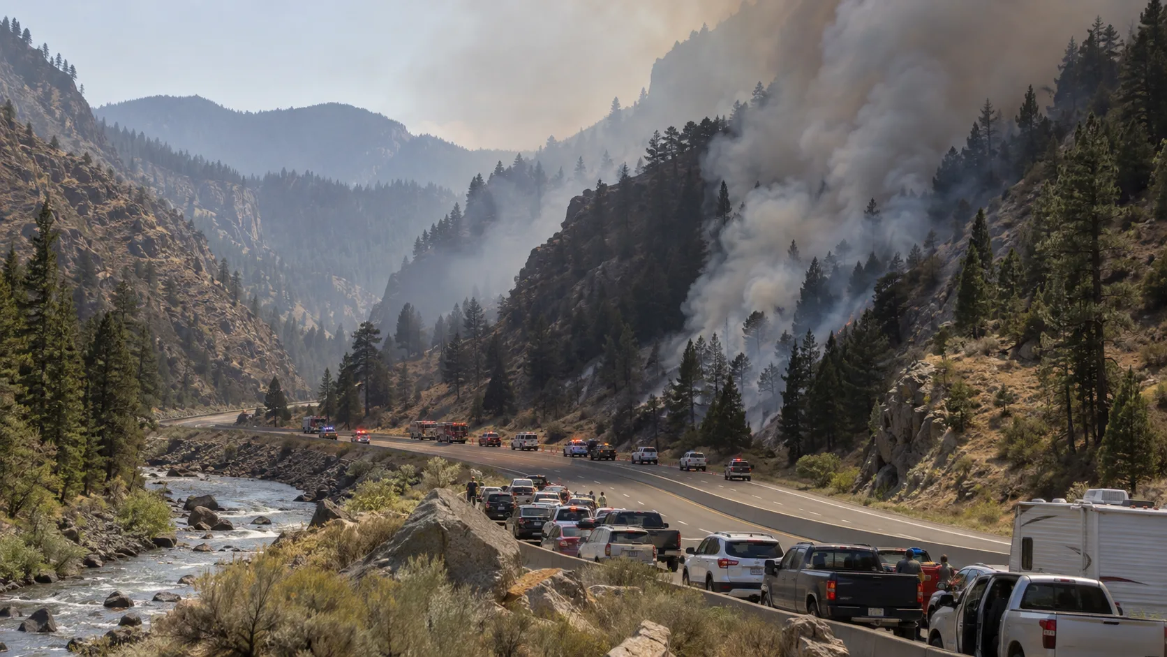 Wildfire smoke plume rising beside a closed interstate highway with emergency vehicles and road closure signage, similar to conditions on I-80 near the Floriston Fire