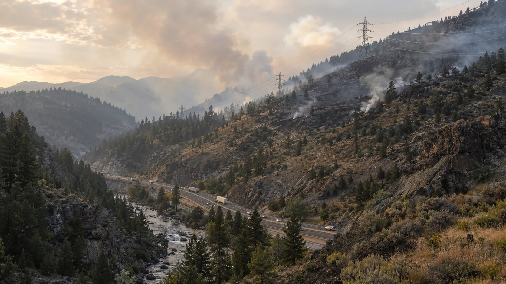 Wildfire smoke drifting across a mountain canyon with power transmission lines in the foreground, representing the terrain and utility infrastructure near the Truckee River canyon and Floriston Fire