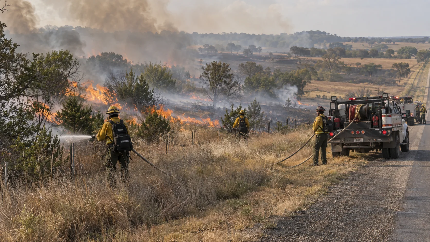 Smoke plume from a wildland fire burning in dry grass and brush in rural Caddo County, Oklahoma