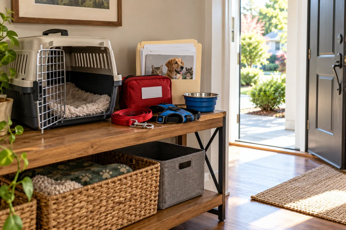 Illustrated pet preparation station with a carrier, leash, documents and supplies stored beside a clear doorway