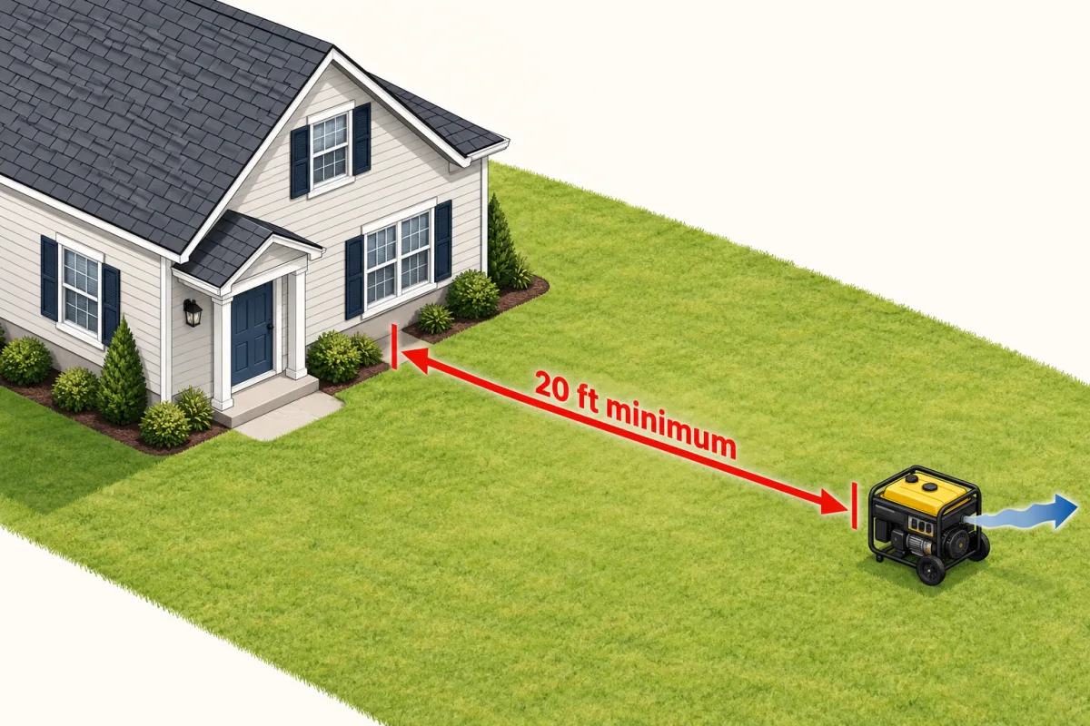 Illustrated outdoor generator separated from a house by a dimension arrow reading 20 feet minimum, with exhaust directed away