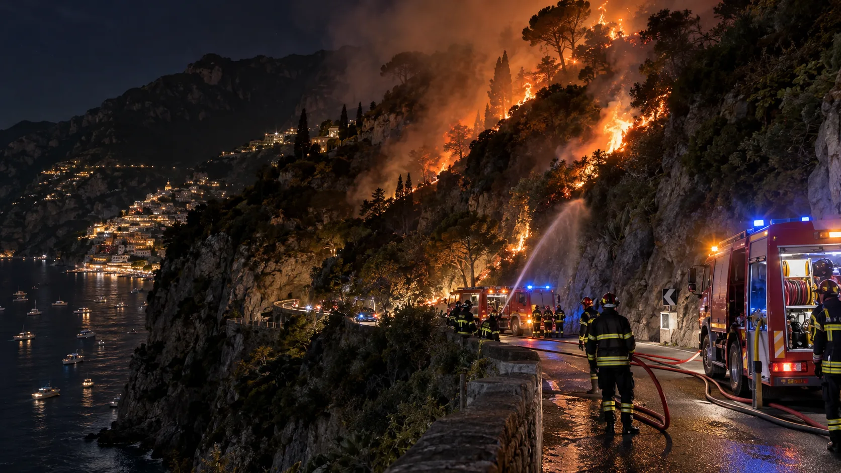 Night wildfire on a steep hillside above a coastal road in southern Italy