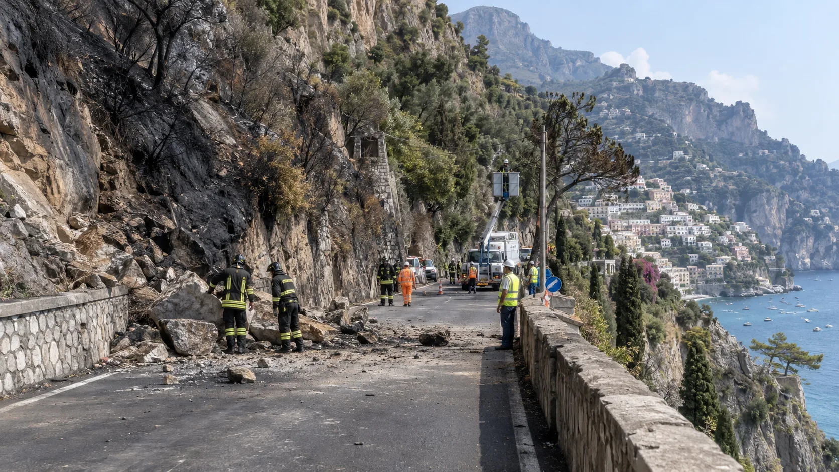 Daytime aftermath on a closed coastal road with emergency crews after a hillside fire