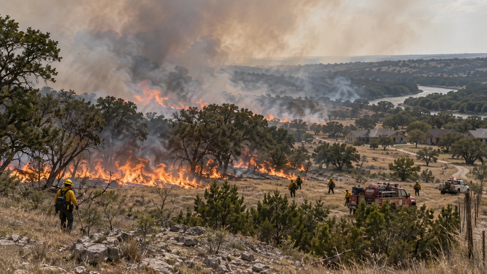 Smoke and flames from the Red Bank Fire burning through ranchland in Parker County Texas