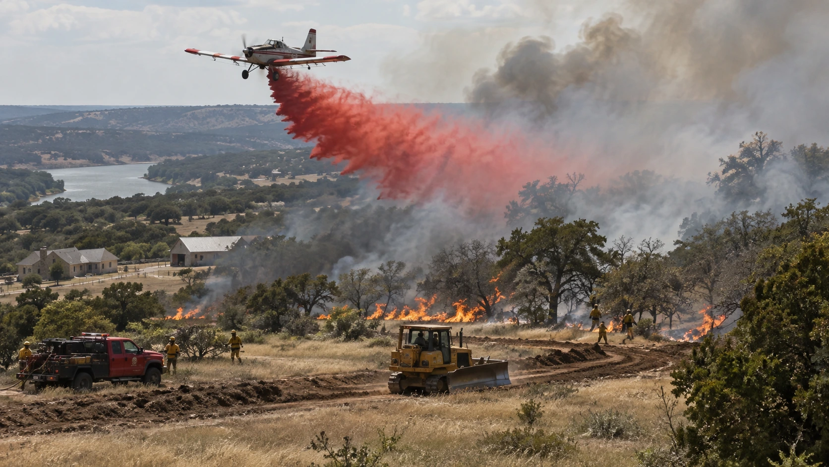 Aircraft dropping fire retardant near the Red Bank Fire in Parker County Texas