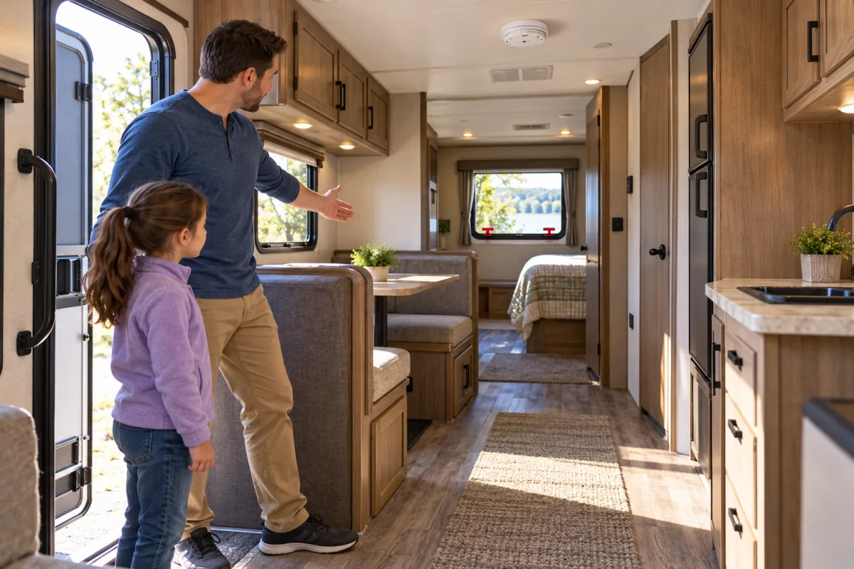 Illustrated camper interior with a clear aisle, main doorway and designated emergency exit window