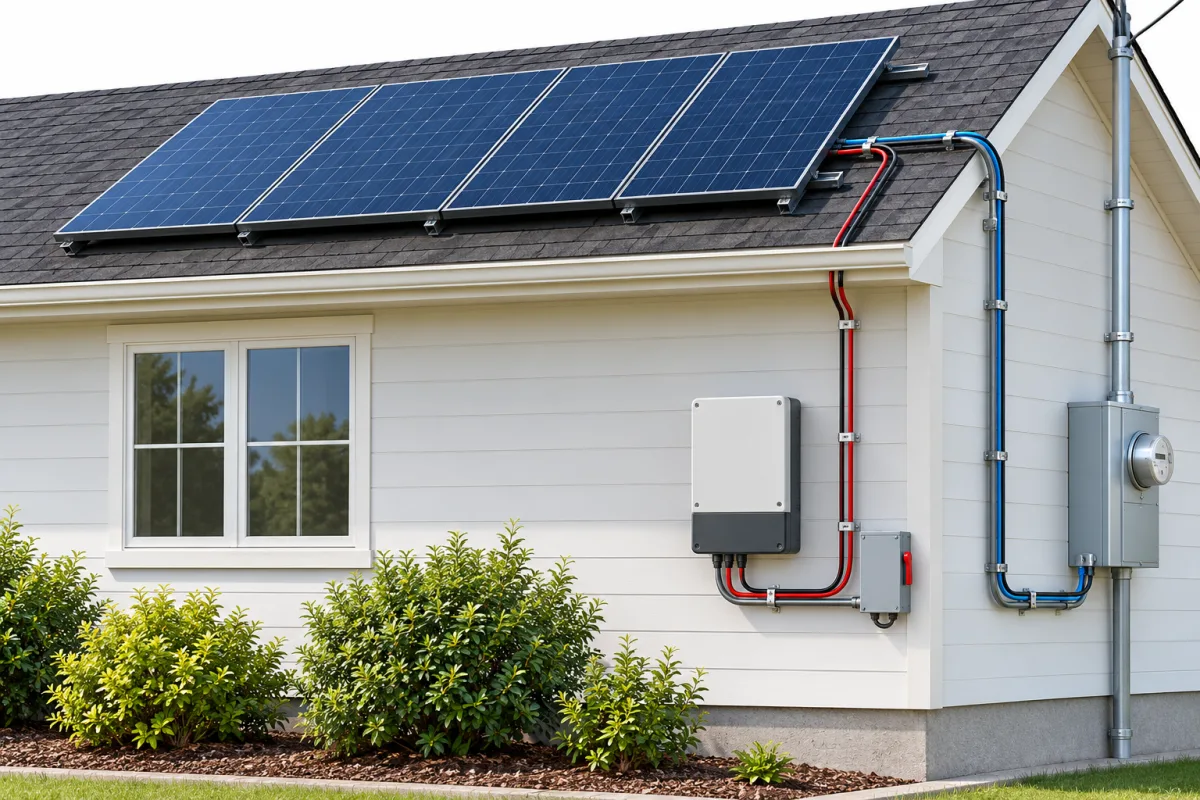 Illustrated house showing a rooftop solar array, separate cable routes and exterior electrical equipment