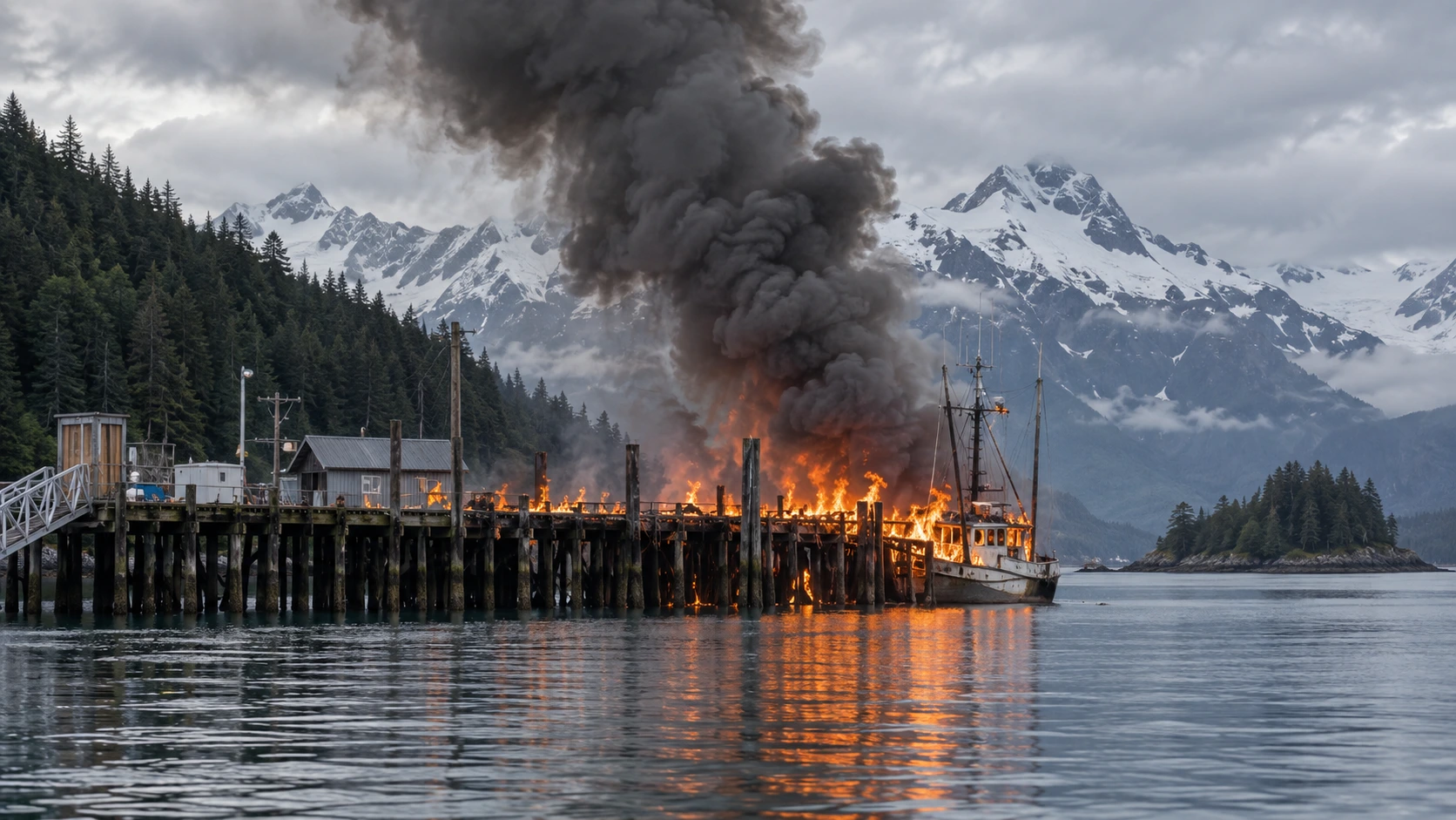 Fire and smoke rising from a cruise ship terminal dock in Whittier, Alaska
