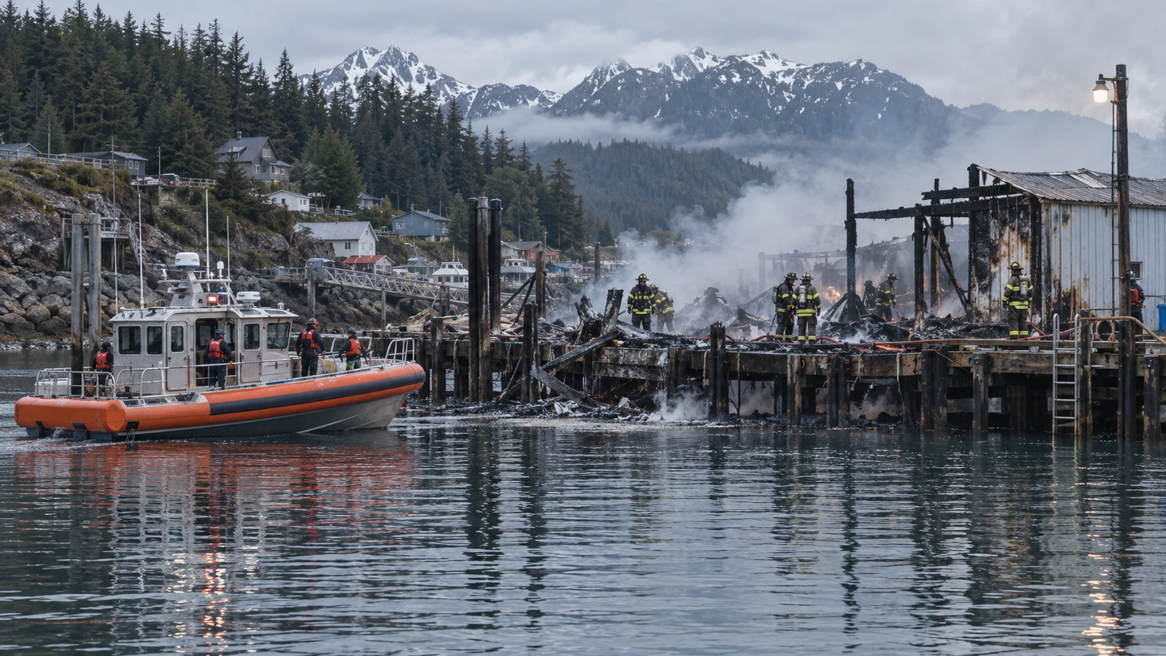 Firefighters and a Coast Guard response boat near a burning dock in Whittier, Alaska