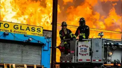 Firefighting video: Bronx Pallet Yard Fire with Explosions and 50ft Flames