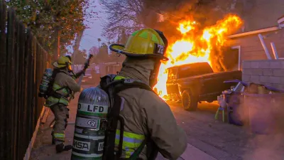 LAFD Responds to Pickup Truck Fire Threatening Garage at FS72 Woodland Hills