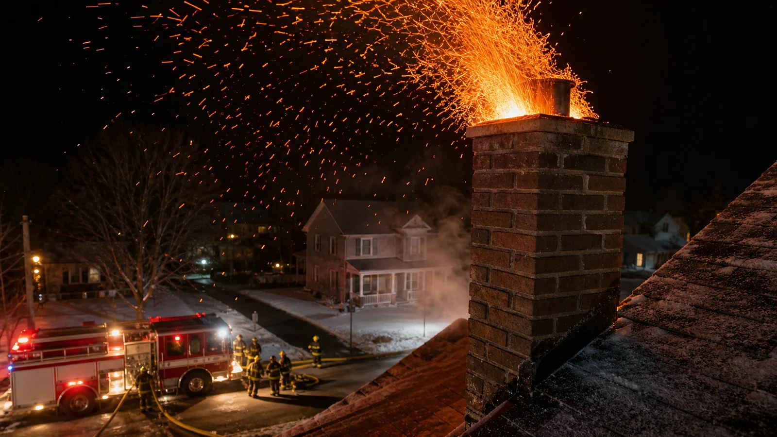 Photorealistic photo of an active chimney fire at night &mdash; bright orange flames and a shower of glowing sparks shooting from the top of a brick residential chimney against a dark sky, the rooftop visible below with frost on the shingles, a fire engine with flashing lights visible on the street below, firefighters in turnout gear preparing equipment, realistic documentary fire service photography style, dramatic night scene with fire illuminating the surrounding roofline