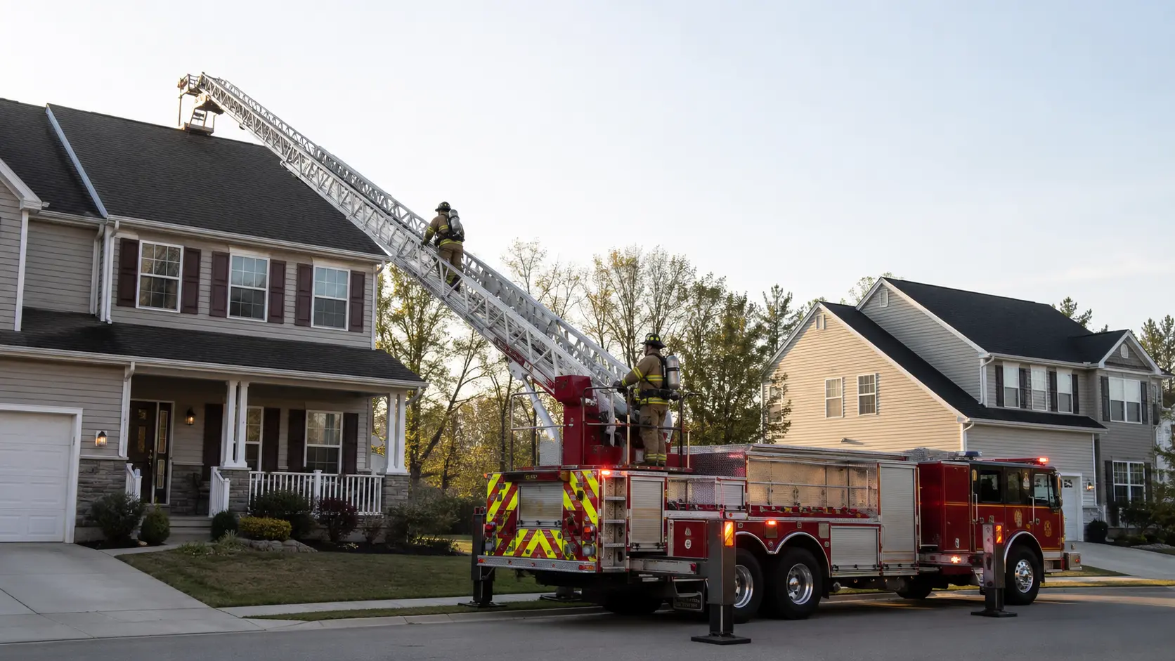 Photorealistic photo of a red fire department aerial ladder truck with its 100-foot straight aerial ladder fully extended and elevated at approximately 70 degrees against the facade of a two-story residential house, the tip of the fly section resting against the roofline, a firefighter in full turnout gear and SCBA climbing the ladder rungs midway up, the turntable operator at the base managing elevation controls, morning light, suburban residential setting with neighbor houses visible