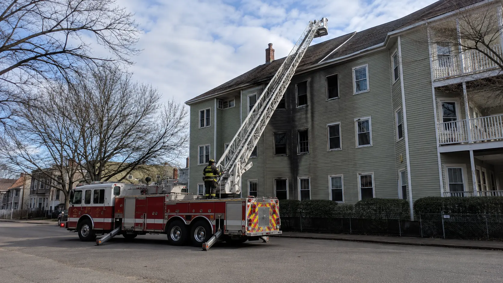 Photorealistic photo of a fire department aerial ladder truck positioned perpendicular to a three-story residential building facade with the aerial elevated at approximately 70 degrees &mdash; the optimal angle for maximum reach &mdash; the tip of the aerial reaching the roofline, the chauffeur visible at the turntable controls, the apparatus positioned outside the collapse zone at the correct distance from the building, the deployment geometry showing the 70-degree elevation angle that provides maximum aerial reach