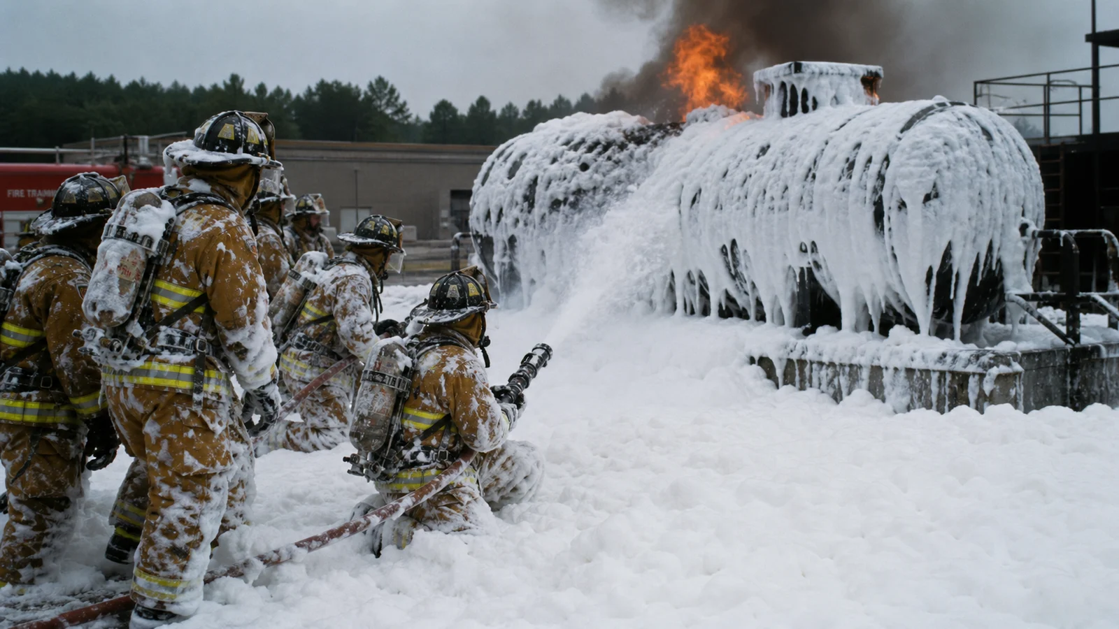 Photorealistic photo of a historical firefighter AFFF foam training exercise &mdash; firefighters in older-style turnout gear (indicating 1980s-1990s era) surrounded by thick white aqueous film-forming foam blanket covering a fuel fire training prop, the foam creating deep accumulation on the ground and coating the firefighters' gear, communicating the scale of direct AFFF exposure firefighters experienced during routine training operations, documentary historical photography style