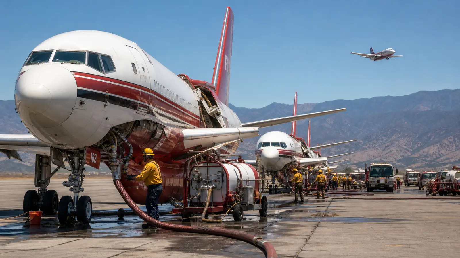 Air tanker base on a rural airfield with multiple single-engine and large air tankers lined up at reload stations, ground crews working on retardant refill, urgency visible in scene, photorealistic