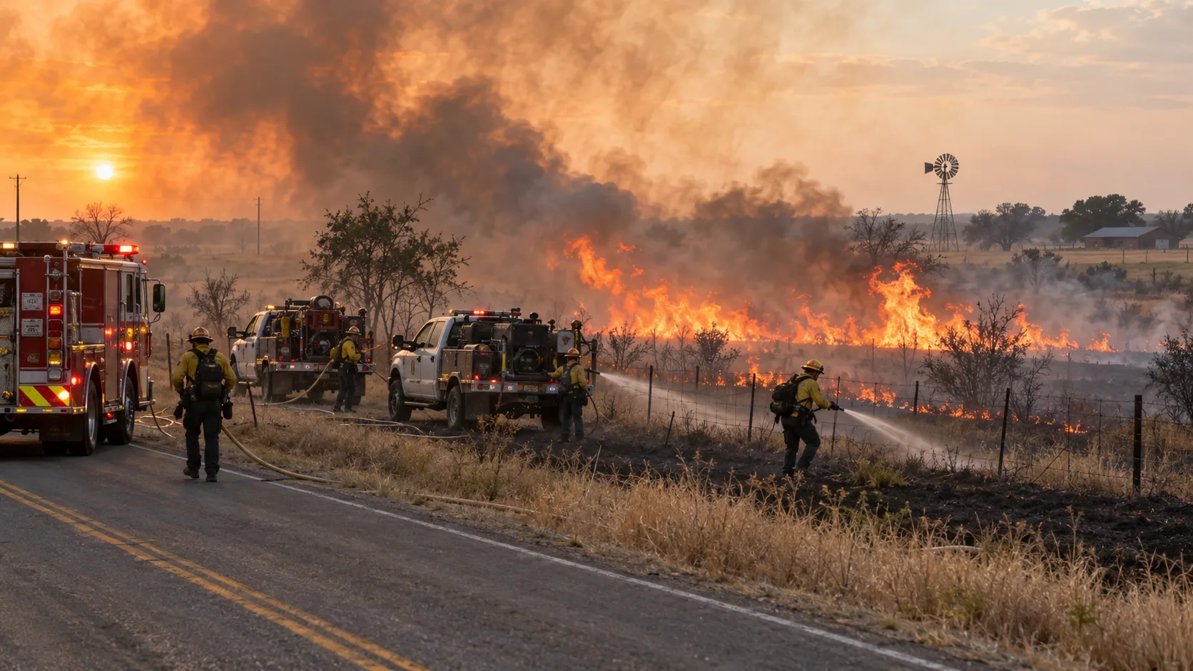 Editorial illustration of Texas firefighters and brush trucks working a grass fire in Ellis County near Alma and Ennis