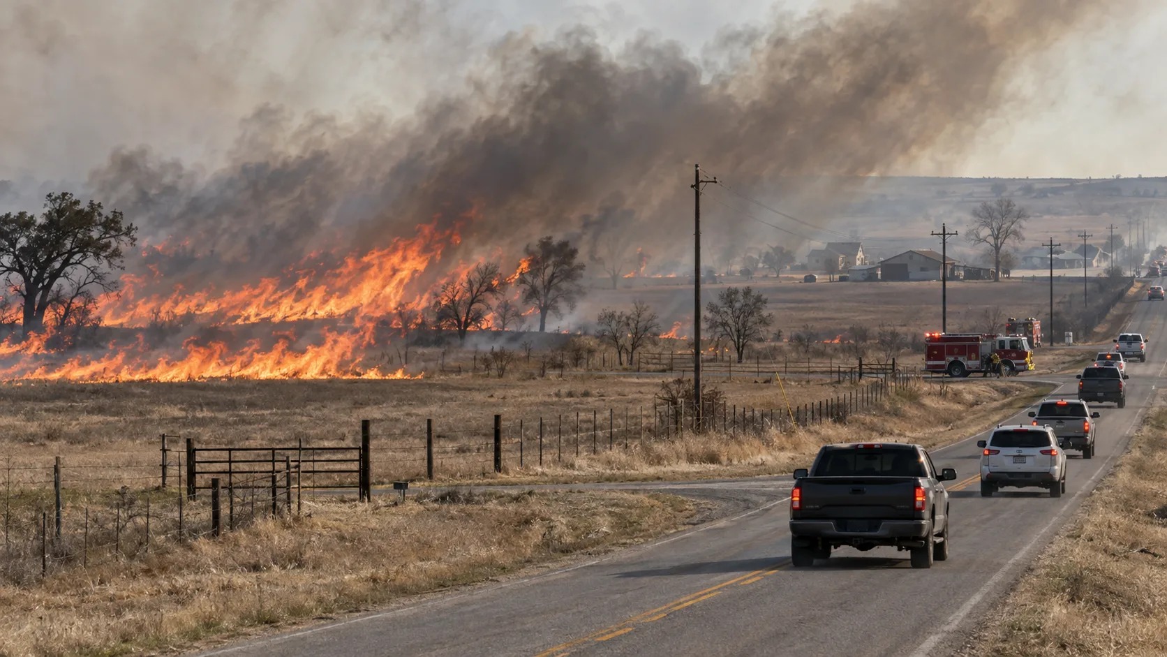 Editorial illustration of a fast-moving Texas grass fire near rural roads outside Alma and Ennis in Ellis County