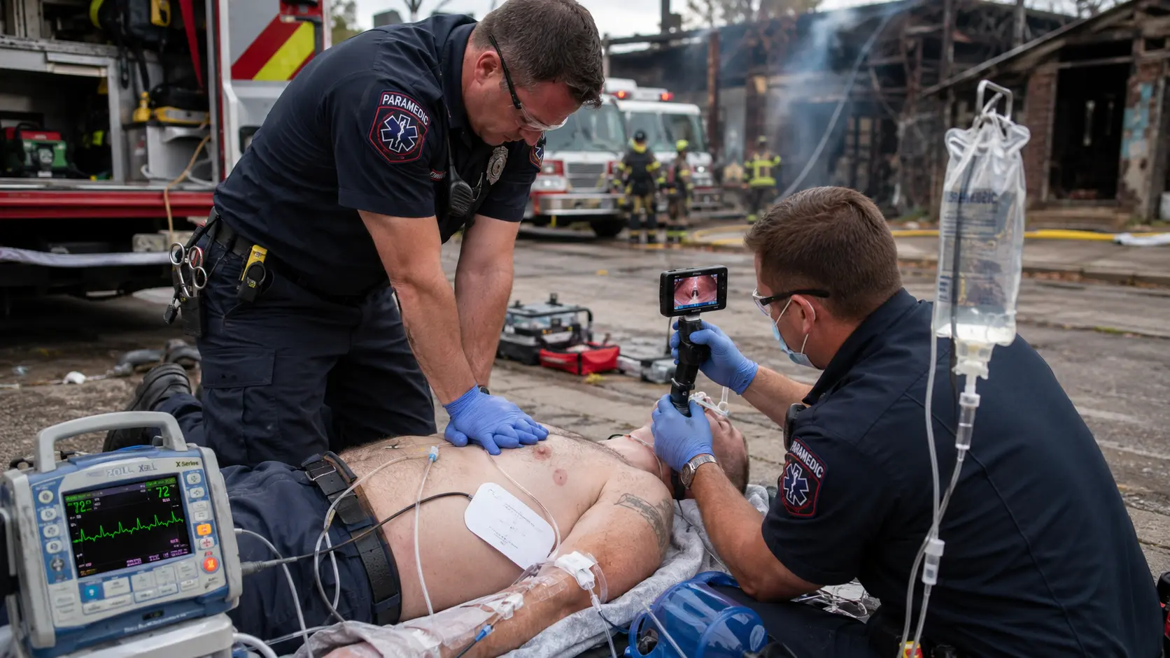 Photorealistic photo of an ALS resuscitation in progress at an outdoor scene &mdash; a paramedic performing advanced airway management with a video laryngoscope intubating the patient while a second crew member maintains CPR compressions, an IV line established in the arm with fluids running, cardiac monitor visible showing a rhythm, AED pads on the chest, the full ALS cardiac arrest equipment deployed at a fire scene exterior, late afternoon light