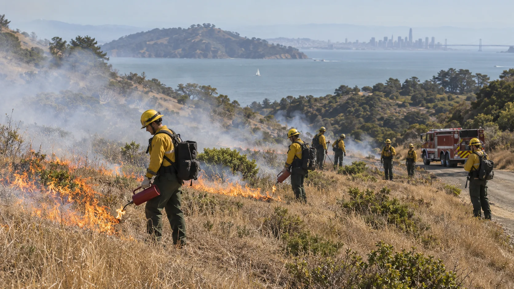 Wildland firefighters conducting a controlled prescribed burn on Angel Island