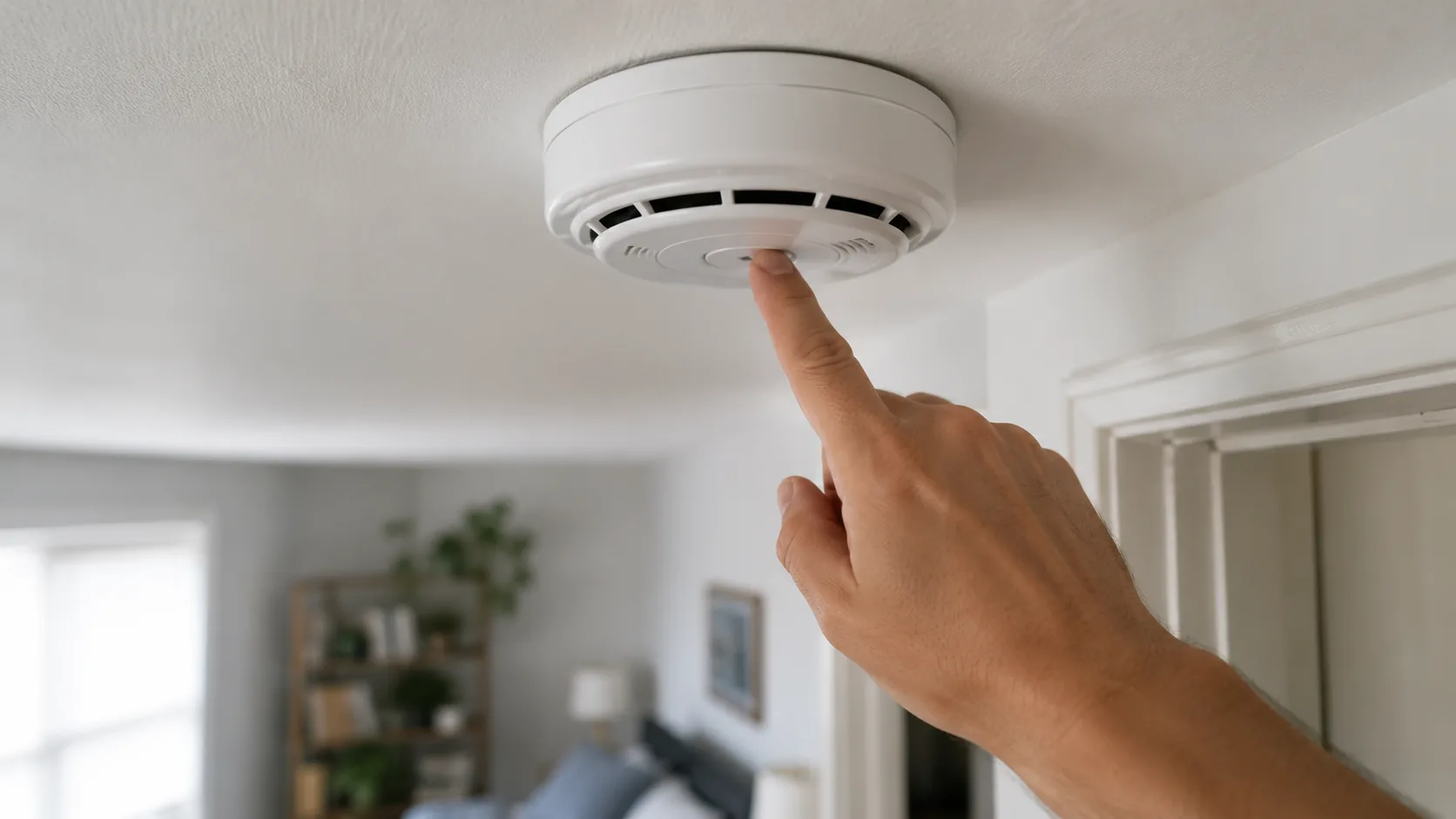 Close-up of smoke detector mounted on apartment ceiling near bedroom door, with renter pressing test button &mdash; correct placement and monthly testing procedure for rental unit fire safety