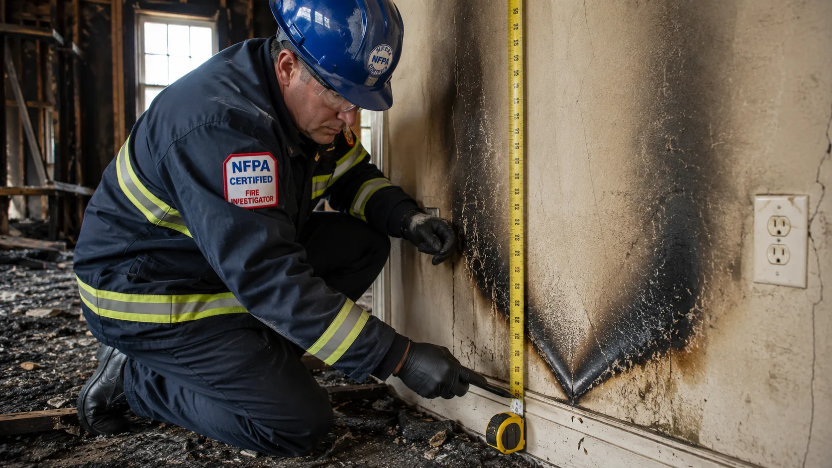 Fire investigator in protective gear crouching on a burned residential floor, examining a V-shaped char pattern on a wall at floor level using a flashlight and taking notes &mdash; the V-pattern indicates a low burn origin point at floor level, inconsistent with most accidental ignition sources and consistent with an accelerant-assisted fire ignited at or near the floor