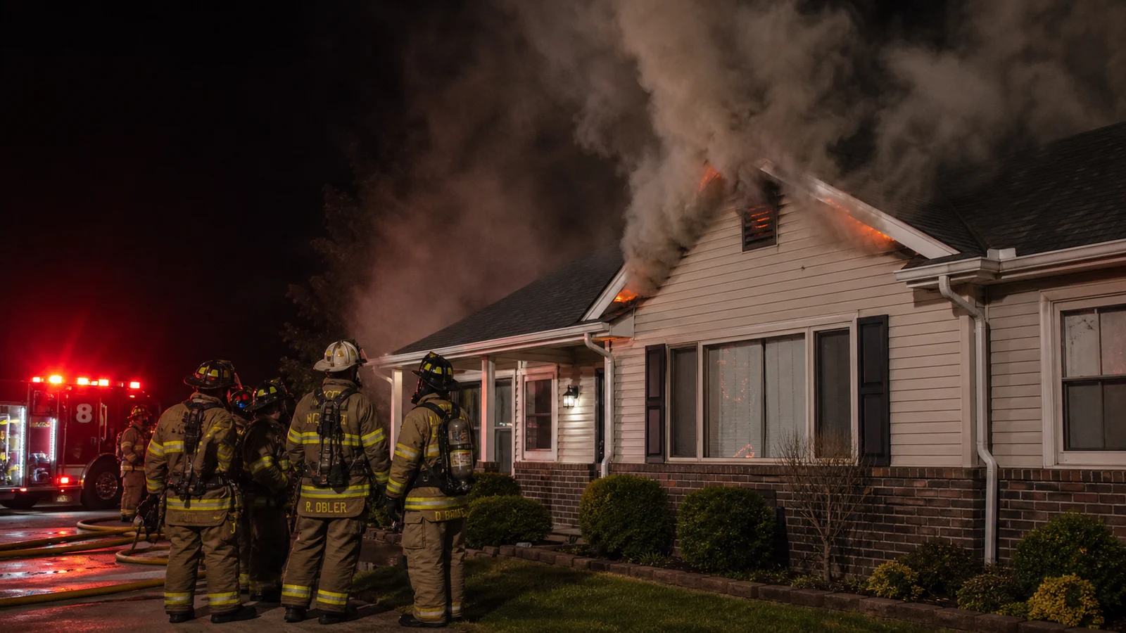 Photorealistic photo of a residential house exterior at night with heavy smoke pushing from the soffit vents and gable vent opening &mdash; no visible flame on the exterior walls but orange glow barely visible through the roof vents indicating an active attic fire burning above the ceiling line, firefighters in turnout gear visible on the driveway performing size-up, a fire engine in the background with lights flashing, realistic documentary fire service photography style