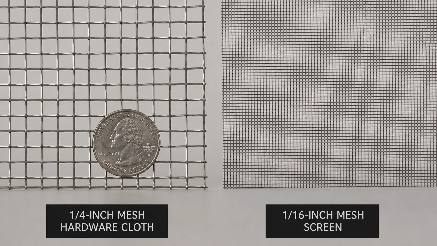 Photorealistic side-by-side comparison photo of two attic vent screens: on the left a standard louvered vent with 1/4-inch mesh showing visible large openings that would allow ember passage, on the right an ember-resistant vent with 1/16-inch fine mesh and baffled interior design showing the much smaller opening size &mdash; both mounted on white painted wood siding, identical size and location, the mesh difference clearly visible on close examination, interior attic space visible through both vents showing the difference in protection