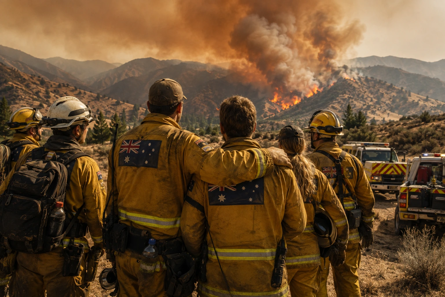 International wildland firefighting hand crew in yellow protective gear working a containment line on a forested mountainside, representing the Australian crews assisting Utah's Black Canyon Fire response