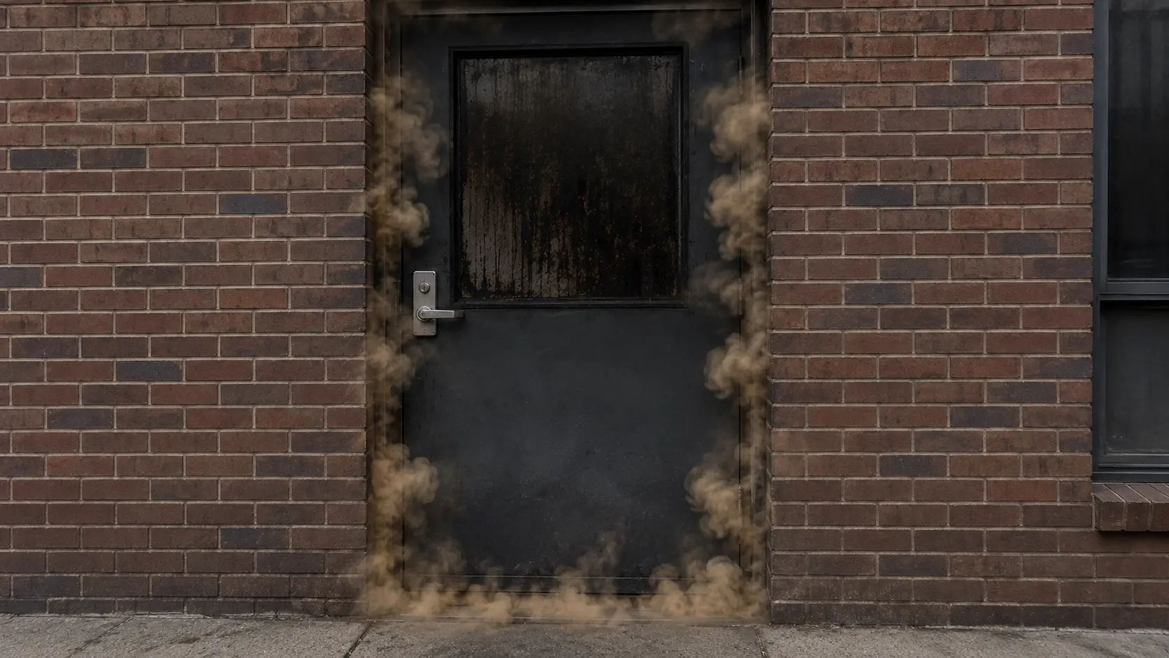 Photorealistic photo of a closed commercial building door with dense yellowed-brown smoke puffing rhythmically outward from the door frame gap and from below the door &mdash; the characteristic 'puffing' backdraft indicator where the oxygen-deprived fire inside is drawing air in and pushing smoke out in pulses &mdash; door glass visible with dark smoke staining on the inside obscuring visibility into the structure, exterior of brick commercial building