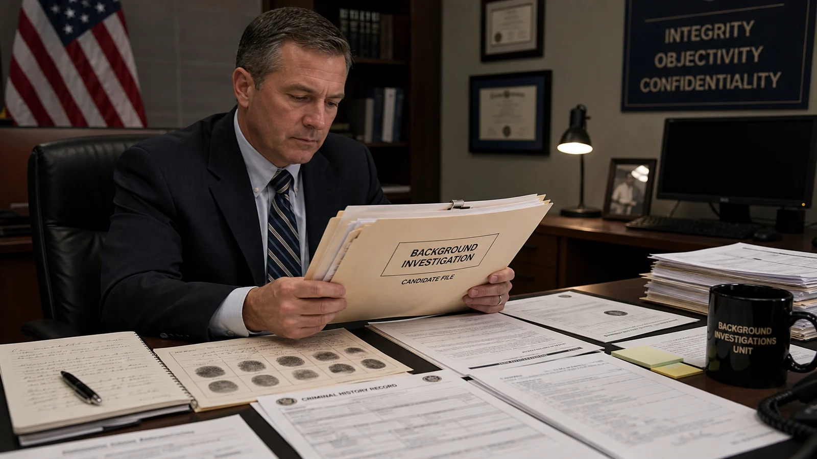 Photorealistic photo of a professional background investigator seated at a desk in a government office reviewing a thick candidate background investigation file folder &mdash; documents, fingerprint cards, and a criminal history printout visible spread across the desk &mdash; the investigator wearing a business suit with a focused analytical expression, muted office lighting, American flag in background, realistic editorial documentary photography style