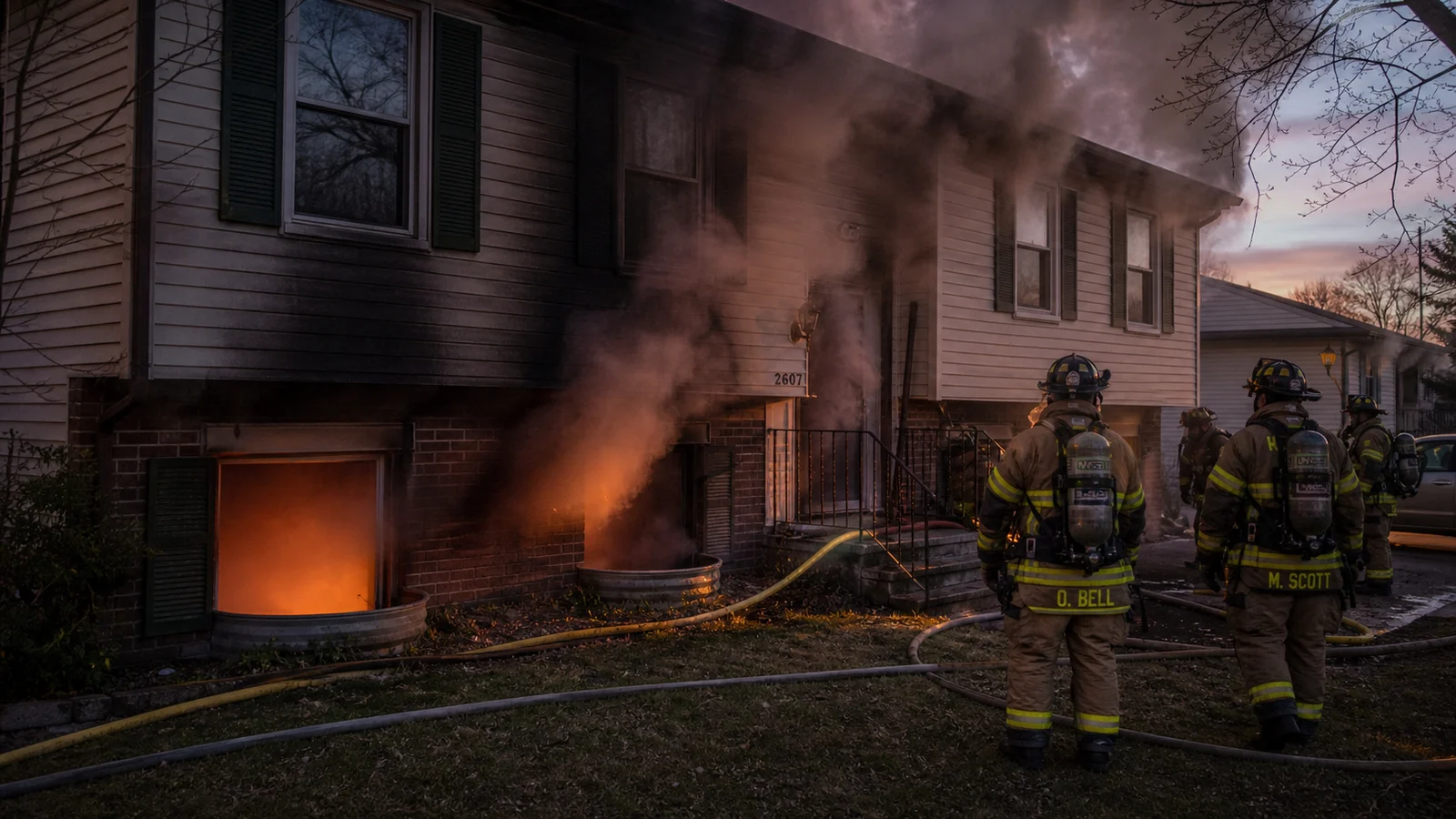 Photorealistic photo of a residential house fire with heavy smoke pushing from basement-level windows and the front door &mdash; the ground floor is intact but charred smoke staining visible around the basement window wells, firefighters in full turnout gear and SCBAs visible outside performing size-up, a charged hoseline on the ground, dramatic dusk lighting with smoke illuminated orange by fire glow from below, realistic documentary fire service photography style
