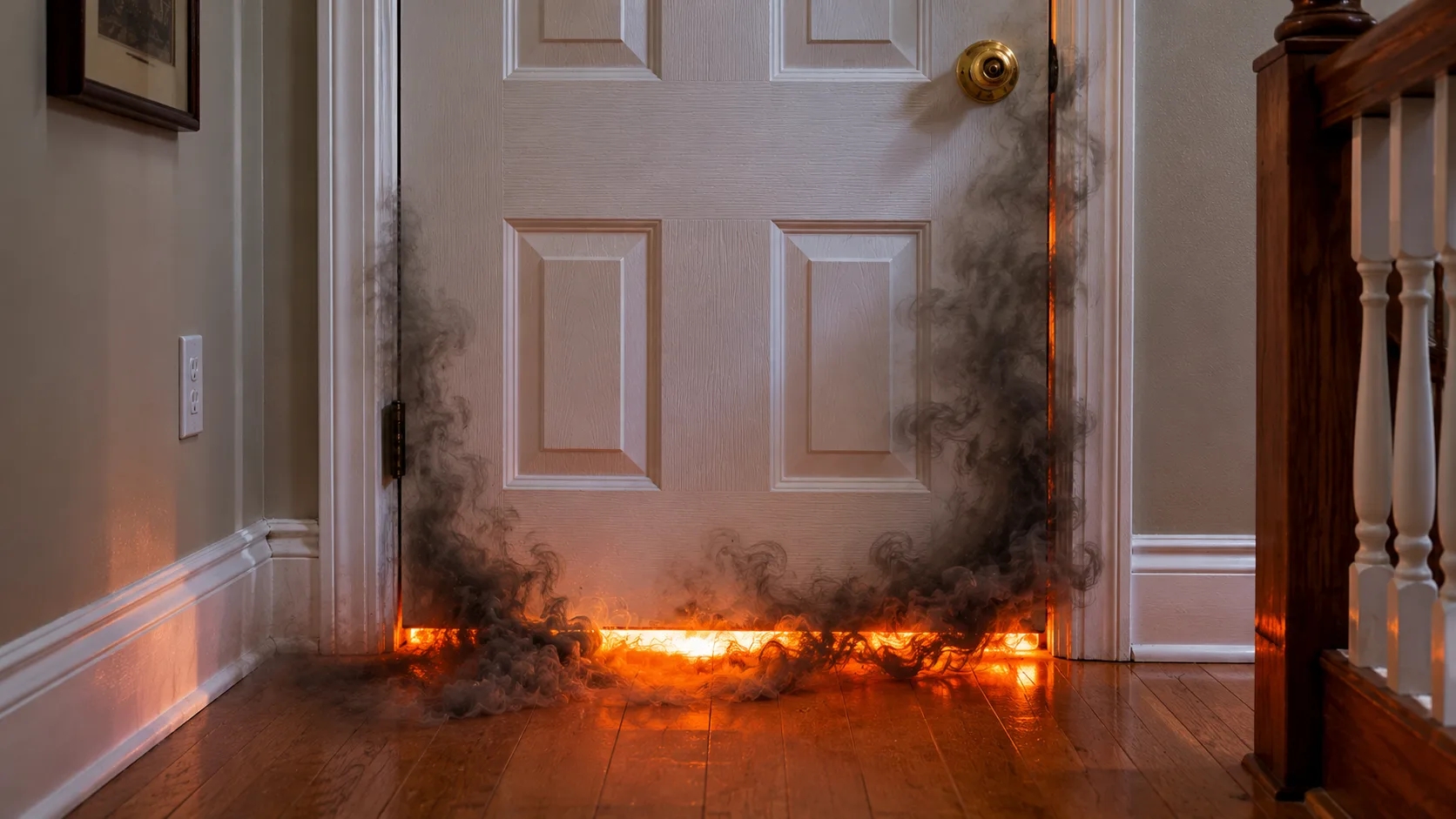 Hallway view of a closed bathroom door with dark smoke visibly seeping under the door gap and through the door frame edges during a house fire &mdash; showing how smoke enters a closed room regardless of the door being shut, making the bathtub myth dangerous as it gives false confidence about bathroom safety