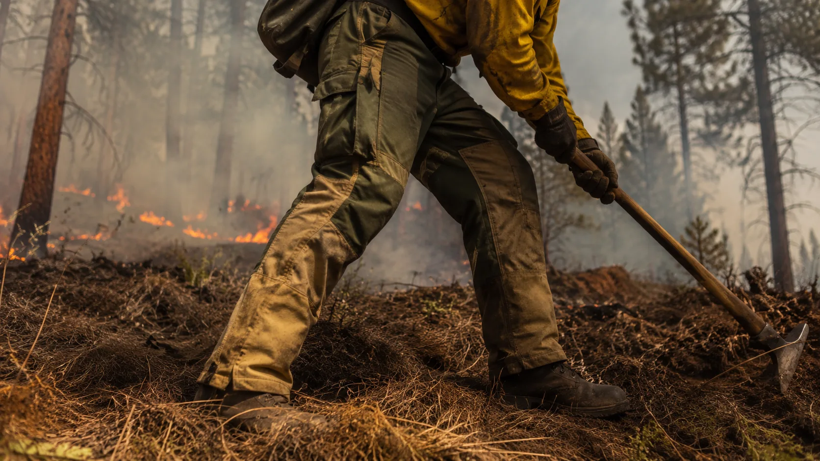 Wildland firefighter wearing green brush pants and yellow Nomex shirt walking a fireline with a hand tool