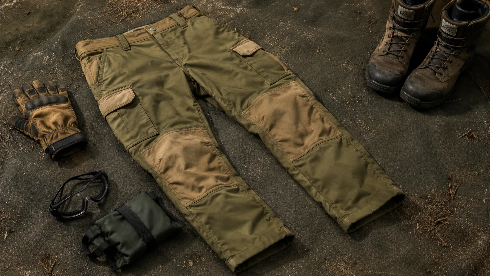 Wildland firefighter brush pants in green Nomex fabric laid flat showing cargo pockets and reinforced knees