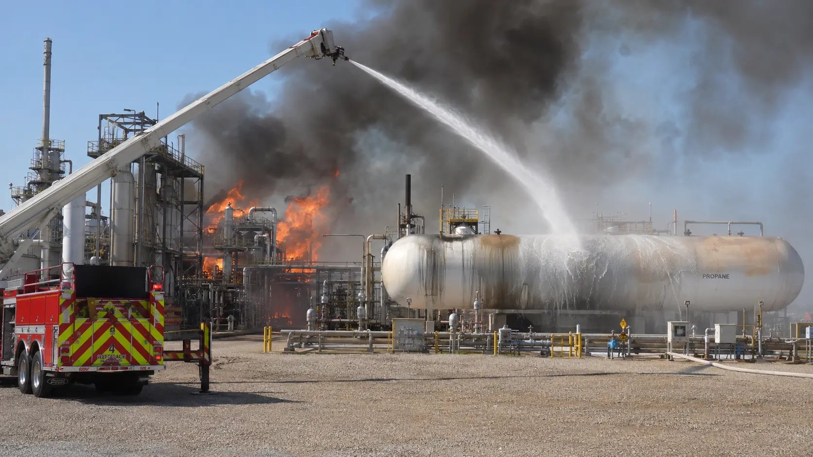 Photorealistic photo showing a propane storage tank at an industrial facility being cooled by a fire department deck gun water stream from an elevated position &mdash; water cascading over the tank surface to prevent temperature rise, orange fire visible from an adjacent burning unit, the tank surface showing heat discoloration, apparatus positioned at a significant distance from the tank and all personnel behind cover or at maximum distance, the scene conveying the BLEVE risk management protocol of cooling while maintaining safe distance