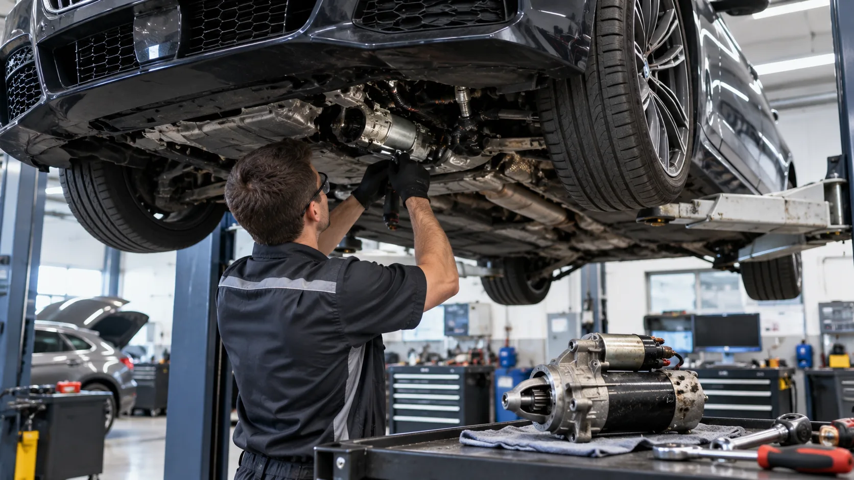Editorial illustration of a technician replacing a starter motor on a modern luxury vehicle at a dealership service bay