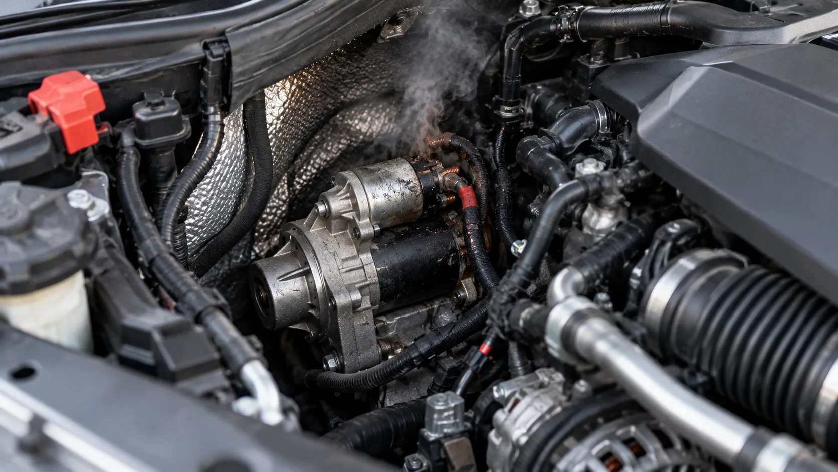 Editorial illustration of an overheated starter motor area in the engine bay of a modern luxury car