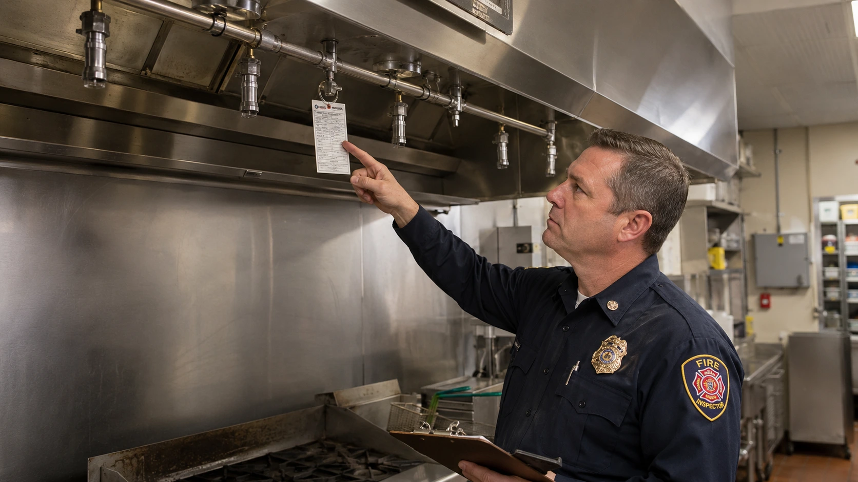 Fire inspector examining a commercial kitchen Type I hood and checking the wet chemical fire suppression system service tag at close range.