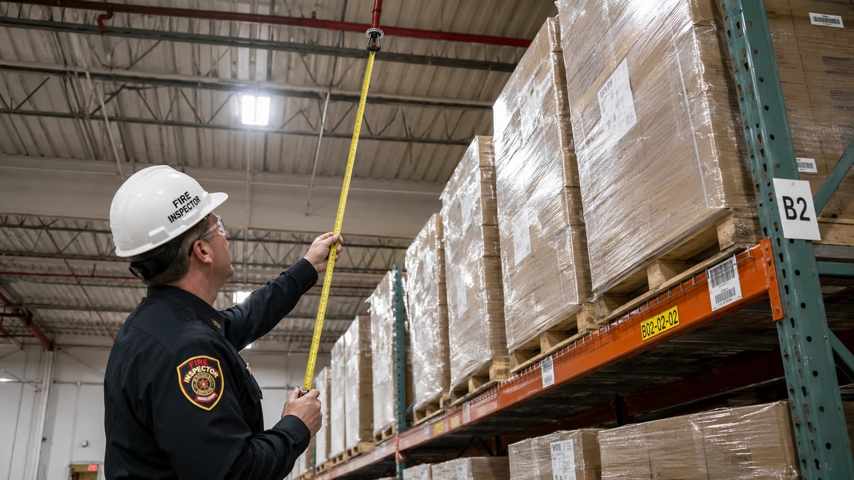 Fire inspector in a large warehouse measuring clearance between storage rack product and ceiling-mounted fire sprinkler heads using a tape measure.