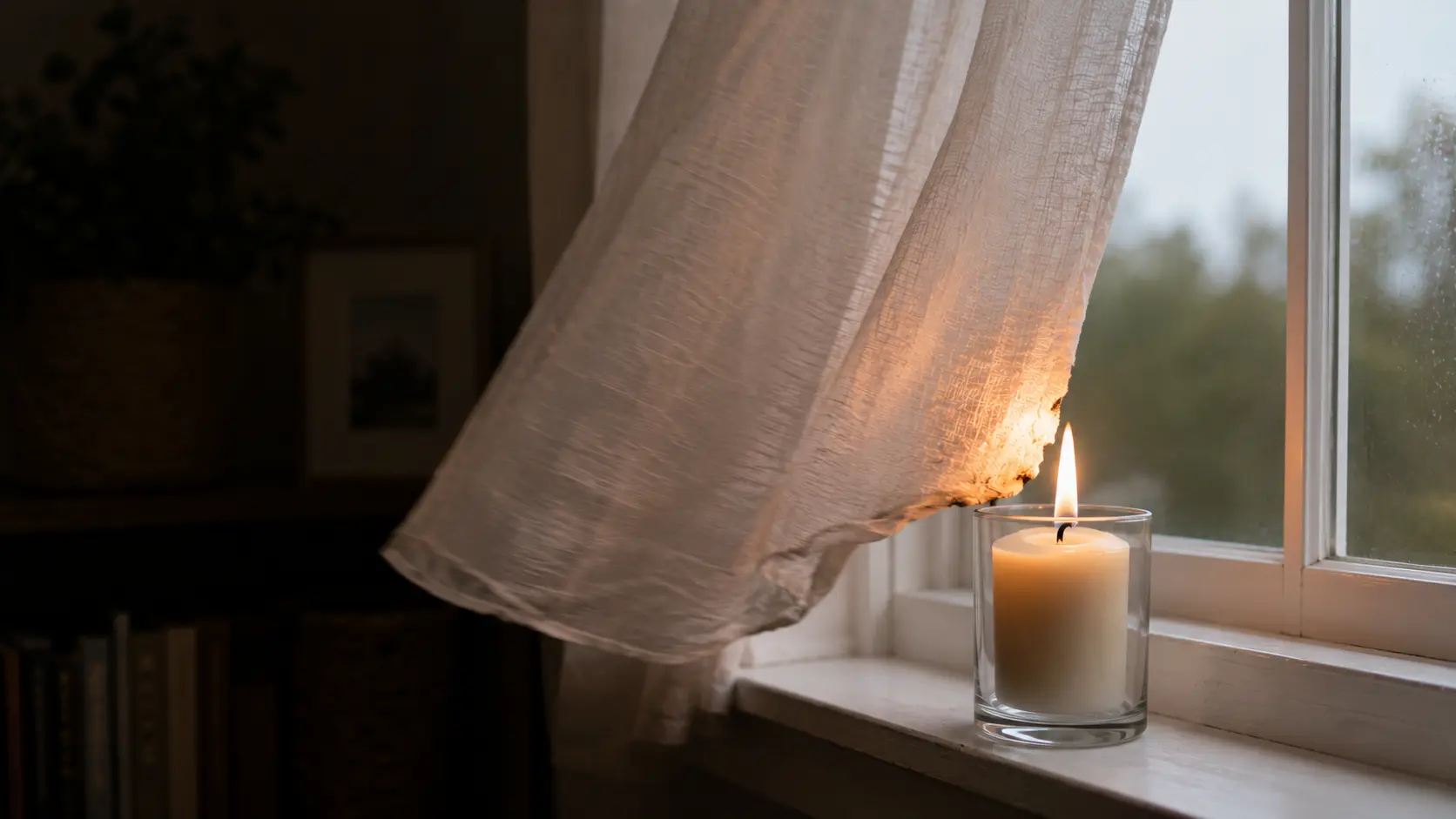 Candle burning on windowsill dangerously close to thin white curtains showing fire ignition risk from radiant heat and direct contact