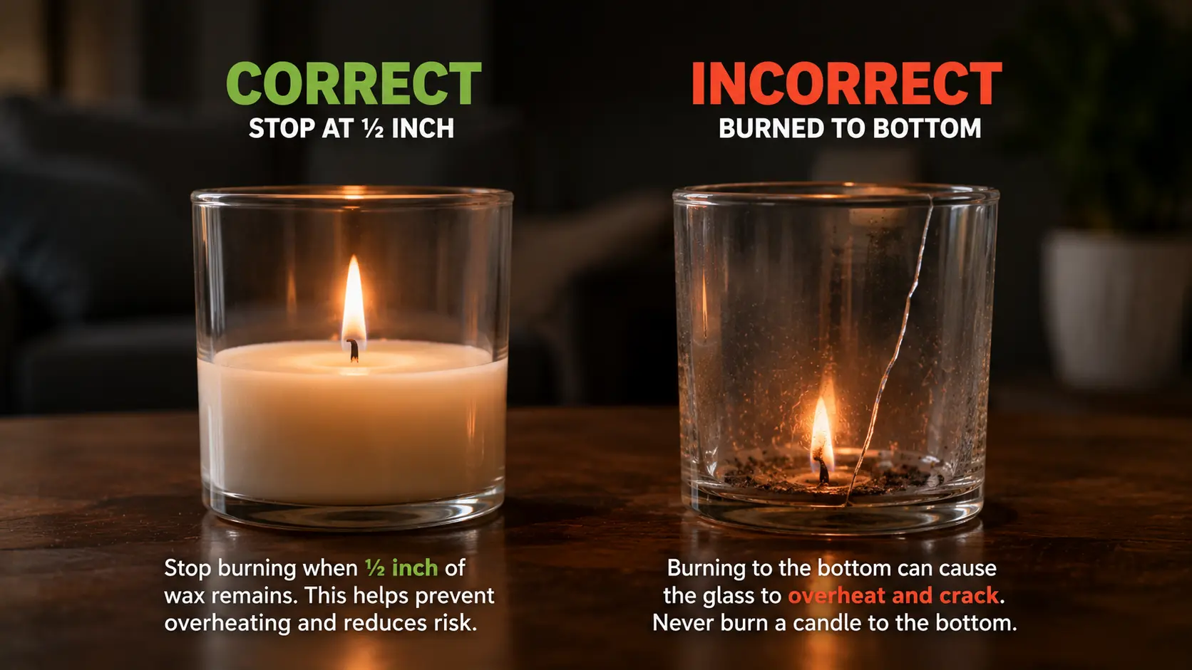 Comparison of correctly burned jar candle versus over-burned jar candle showing thermal stress cracks in glass from burning wick too close to bottom