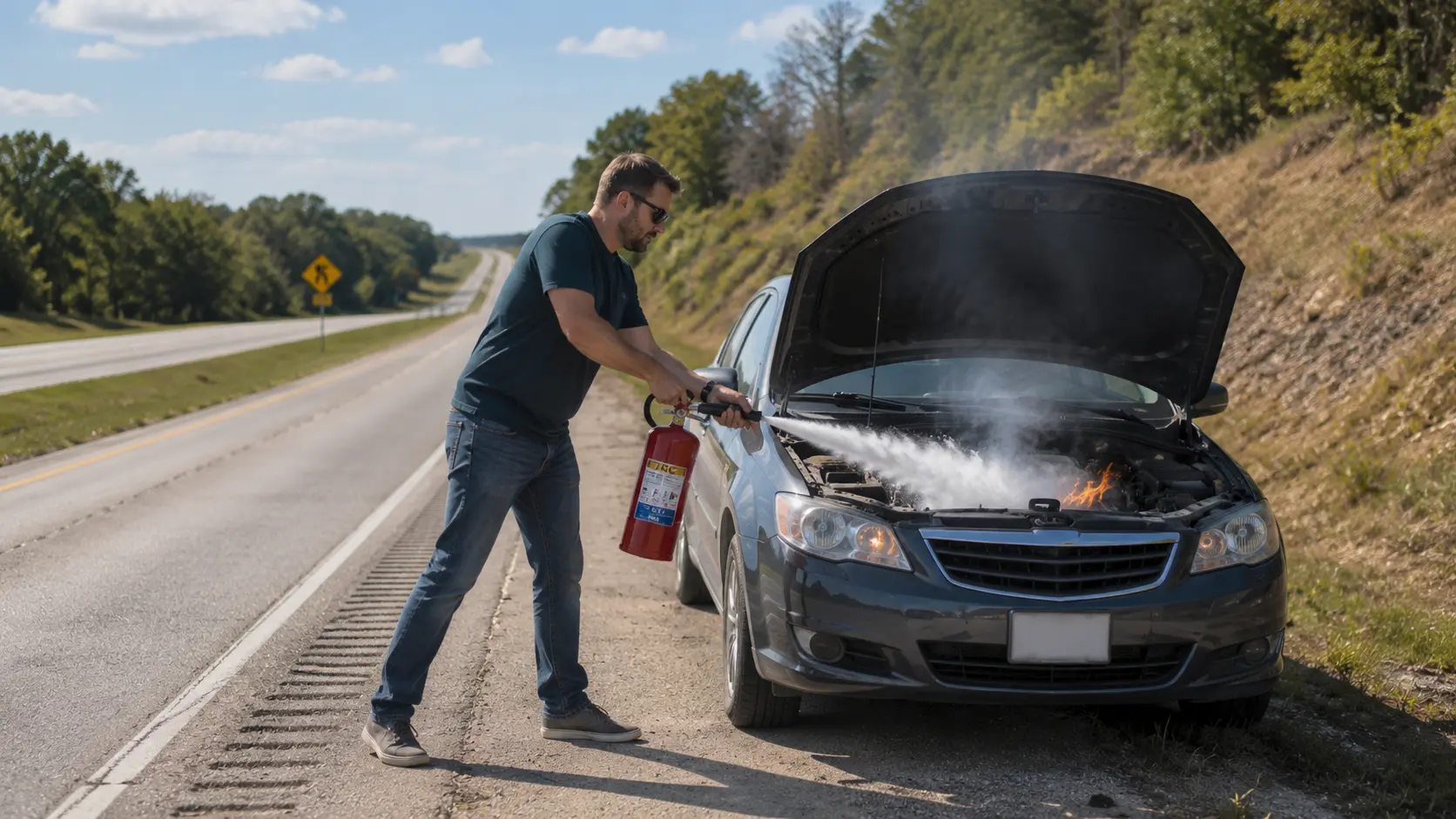 Person using ABC fire extinguisher on small engine compartment fire on car pulled over on road shoulder before fire spread to fuel system